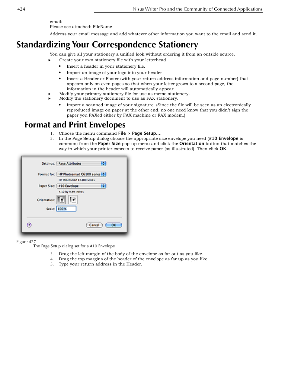 Standardizing your correspondence stationery, Format and print envelopes | Nisus Writer Pro User Manual | Page 444 / 525