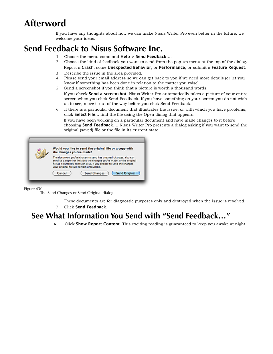 Afterword, Send feedback to nisus software inc, See what information you send with “send feedback | Feedback | Nisus Writer Pro User Manual | Page 447 / 525