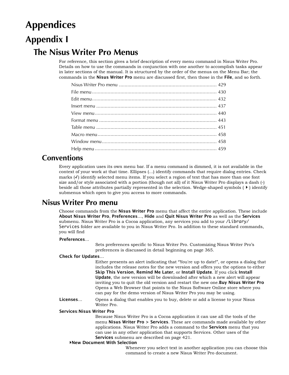 Appendices, Appendix i, The nisus writer pro menus | Conventions, Nisus writer pro menu | Nisus Writer Pro User Manual | Page 449 / 525