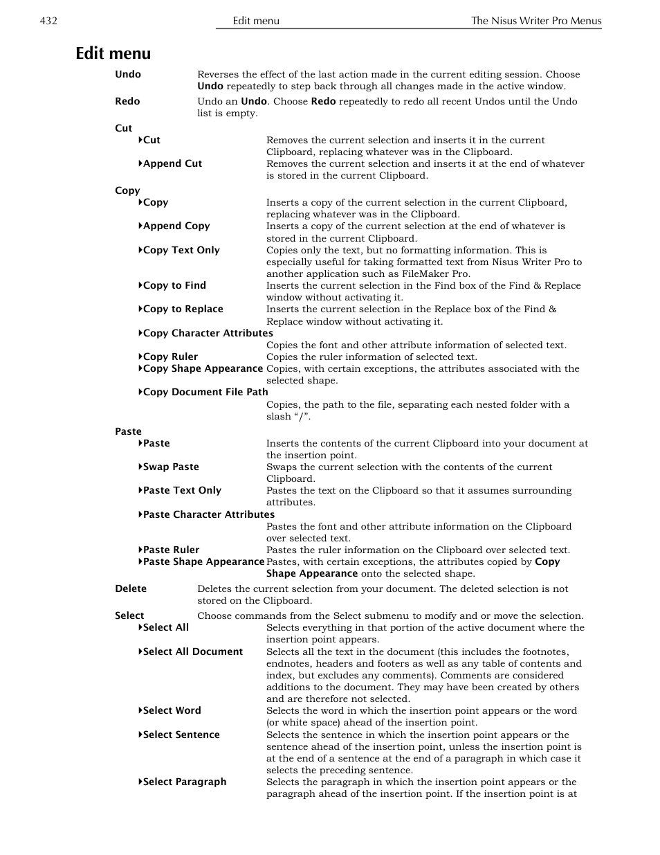 Edit menu, Ge 432 | Nisus Writer Pro User Manual | Page 452 / 525