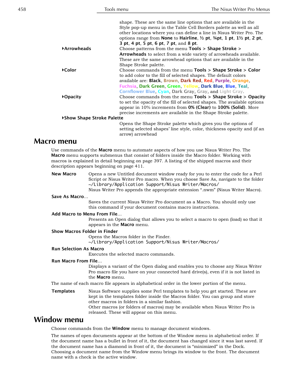 Macro menu, Window menu, Ge 458 | Nisus Writer Pro User Manual | Page 478 / 525