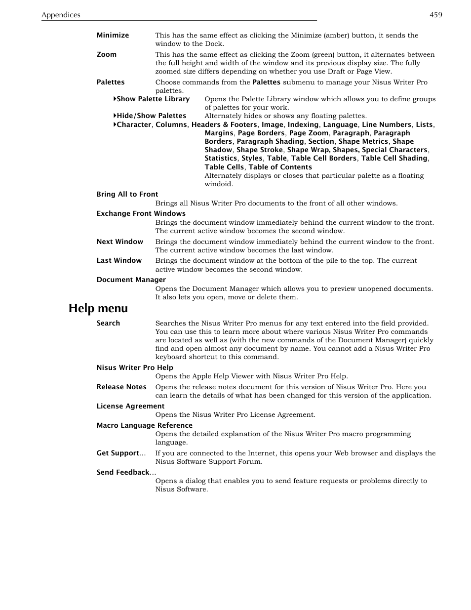 Help menu, Ge 459 | Nisus Writer Pro User Manual | Page 479 / 525