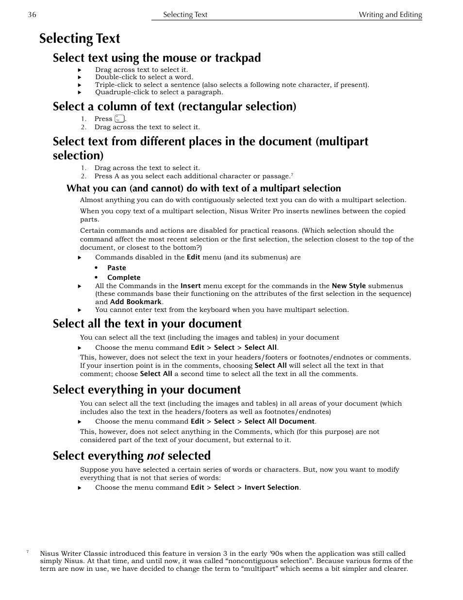 Selecting text, Select text using the mouse or trackpad, Select a column of text (rectangular selection) | Select all the text in your document, Select everything in your document, Select everything not selected, Select a column of text (rectangular selection) 36, Multipart selection), Multipart selection | Nisus Writer Pro User Manual | Page 56 / 525