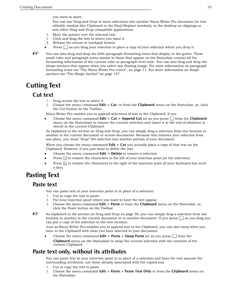 Cutting text, Cut text, Pasting text | Paste text, Paste text only, without its attributes | Nisus Writer Pro User Manual | Page 59 / 525