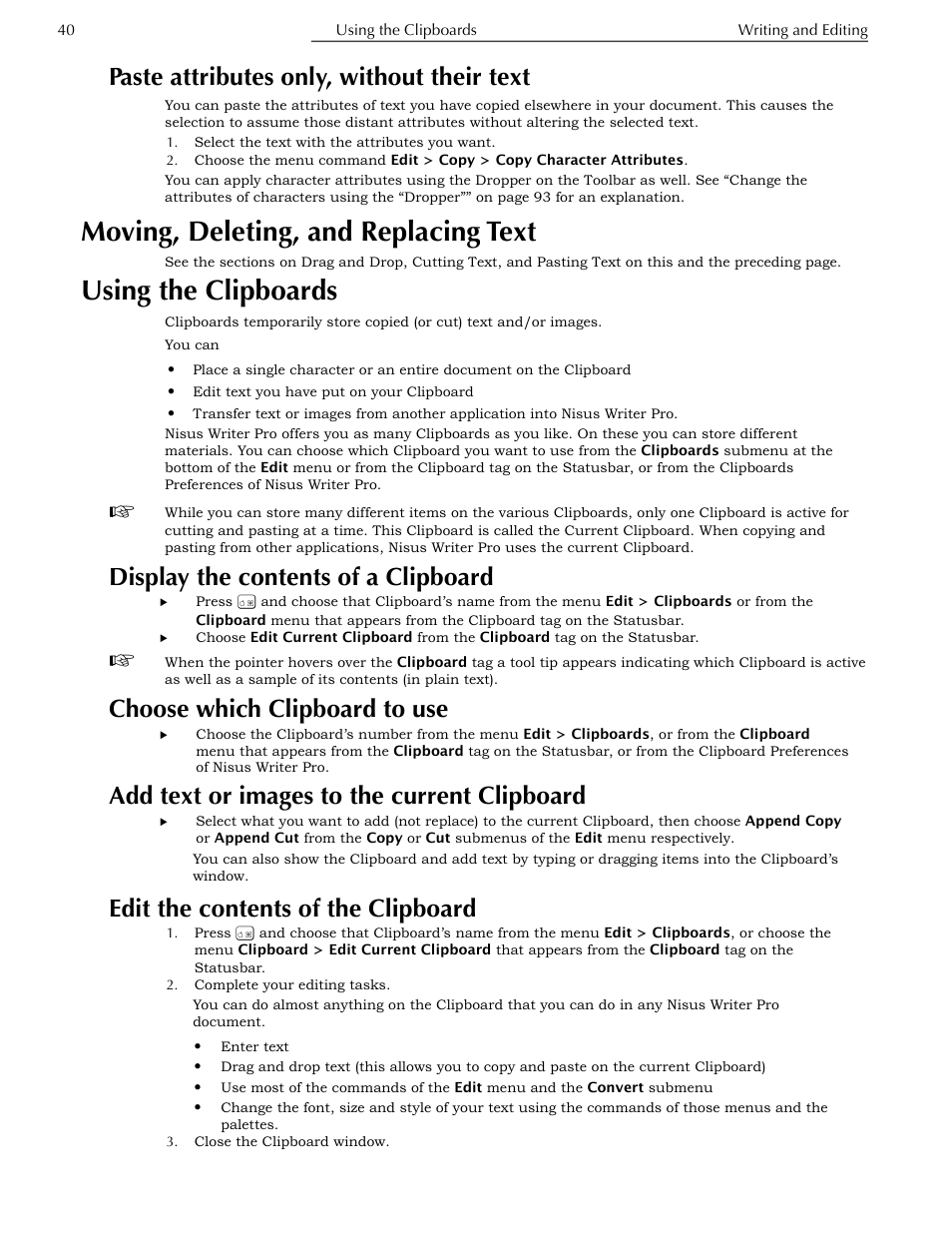 Paste attributes only, without their text, Moving, deleting, and replacing text, Using the clipboards | Display the contents of a clipboard, Choose which clipboard to use, Add text or images to the current clipboard, Edit the contents of the clipboard | Nisus Writer Pro User Manual | Page 60 / 525