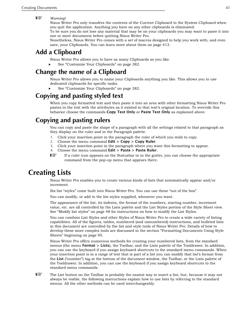 Add a clipboard, Change the name of a clipboard, Copying and pasting styled text | Copying and pasting rulers, Creating lists, Ge 41 | Nisus Writer Pro User Manual | Page 61 / 525