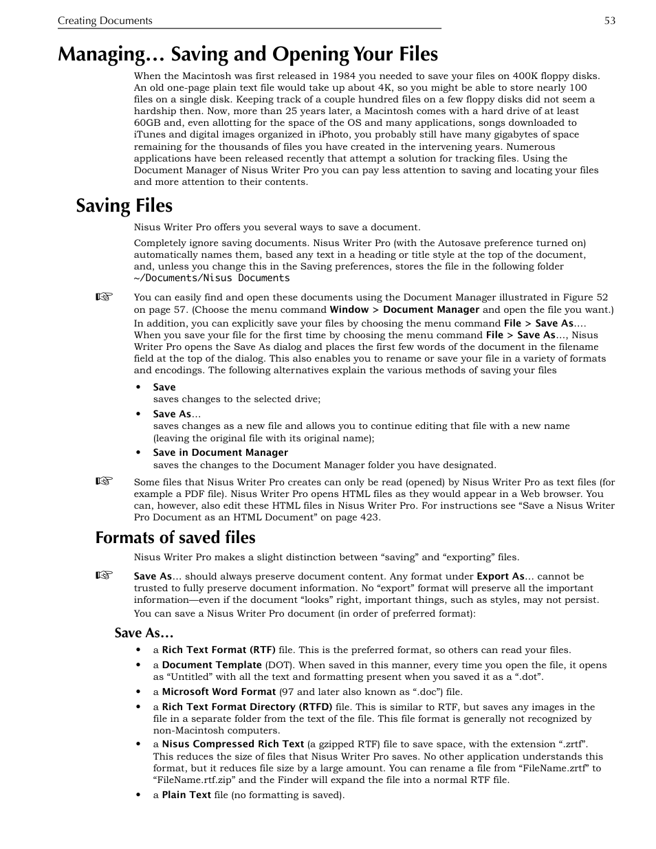 Managing… saving and opening your files, Saving files, Formats of saved files | Save as, Managing… saving and opening your files 53 | Nisus Writer Pro User Manual | Page 73 / 525
