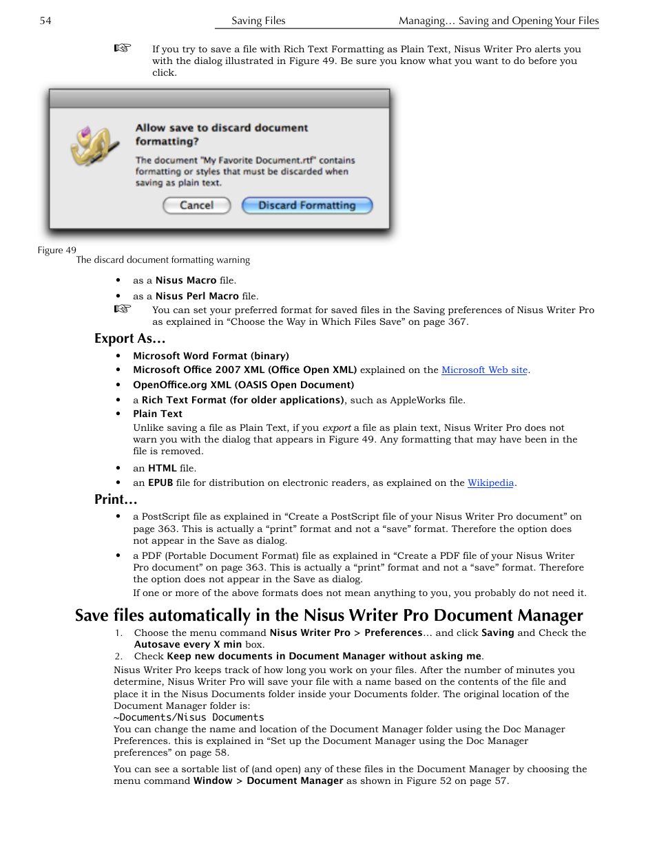 Export as, Print, Document manager | Nisus Writer Pro User Manual | Page 74 / 525