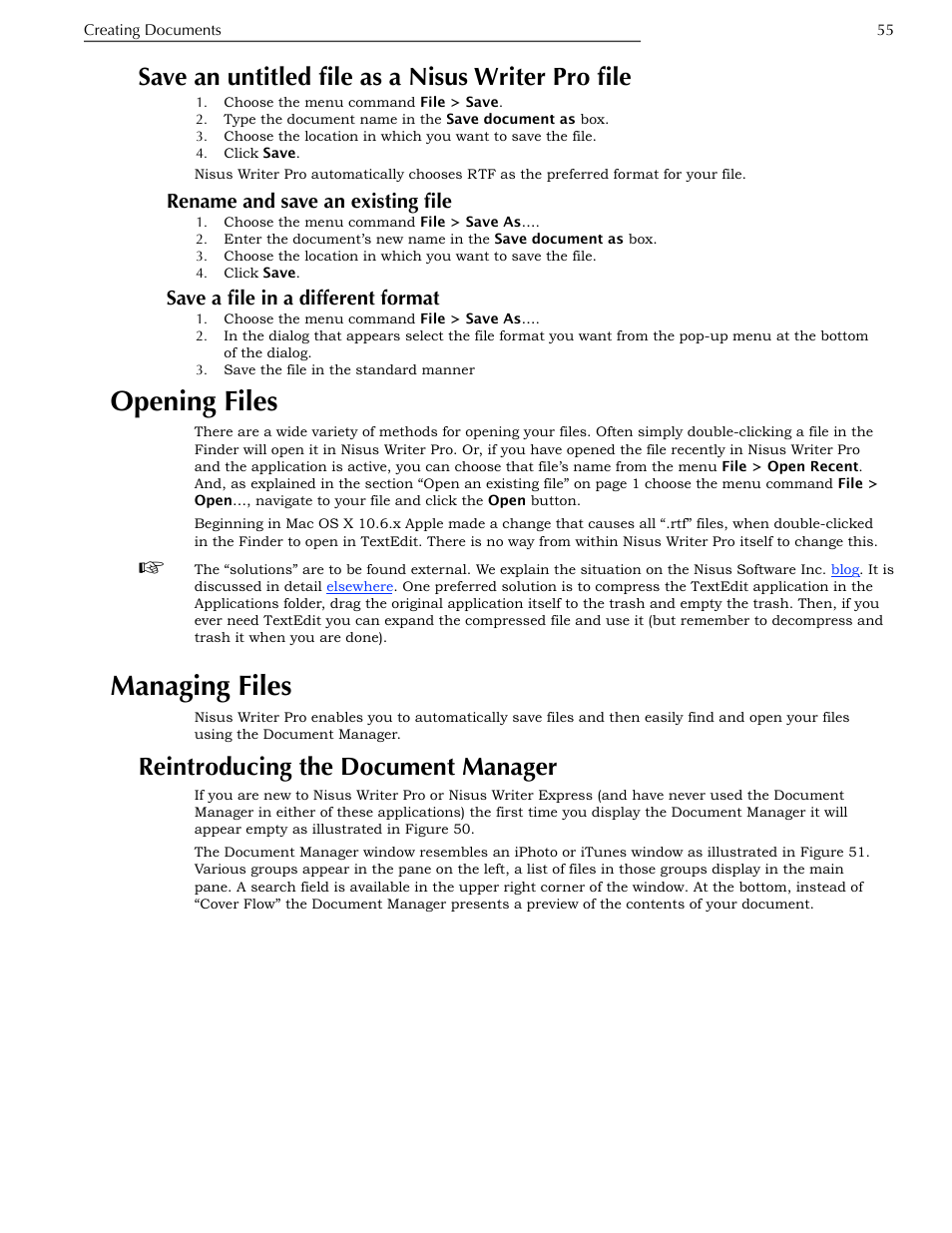 Save an untitled file as a nisus writer pro file, Rename and save an existing file, Save a file in a different format | Opening files, Managing files, Reintroducing the document manager | Nisus Writer Pro User Manual | Page 75 / 525