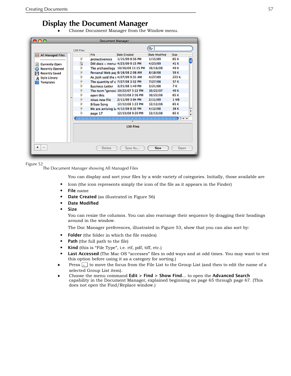 Display the document manager, Figure 52, Ge 57 | Nisus Writer Pro User Manual | Page 77 / 525