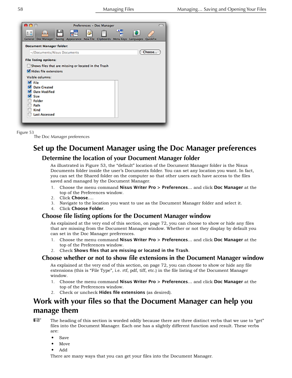 Manager preferences, Folder, Manager window | Document manager window, Manager can help you manage them, Figure 53 | Nisus Writer Pro User Manual | Page 78 / 525