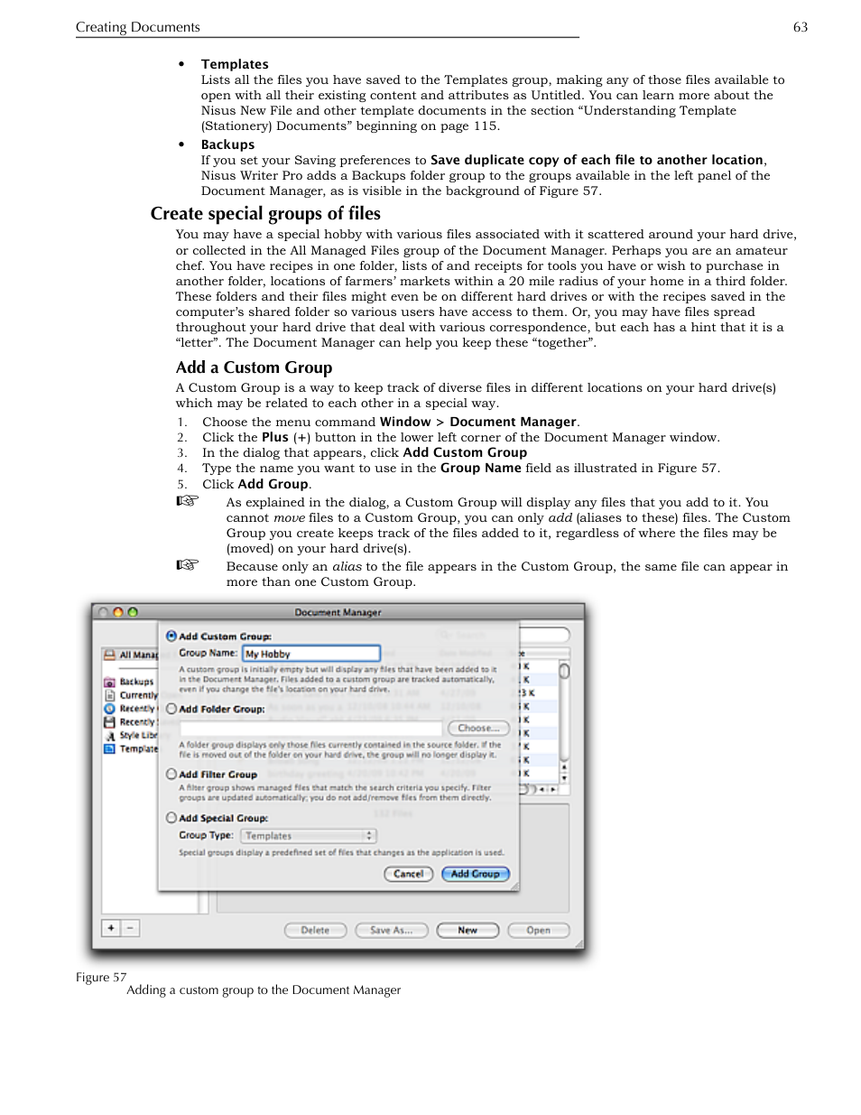 Create special groups of files, Add a custom group, Ge 63 | Nisus Writer Pro User Manual | Page 83 / 525