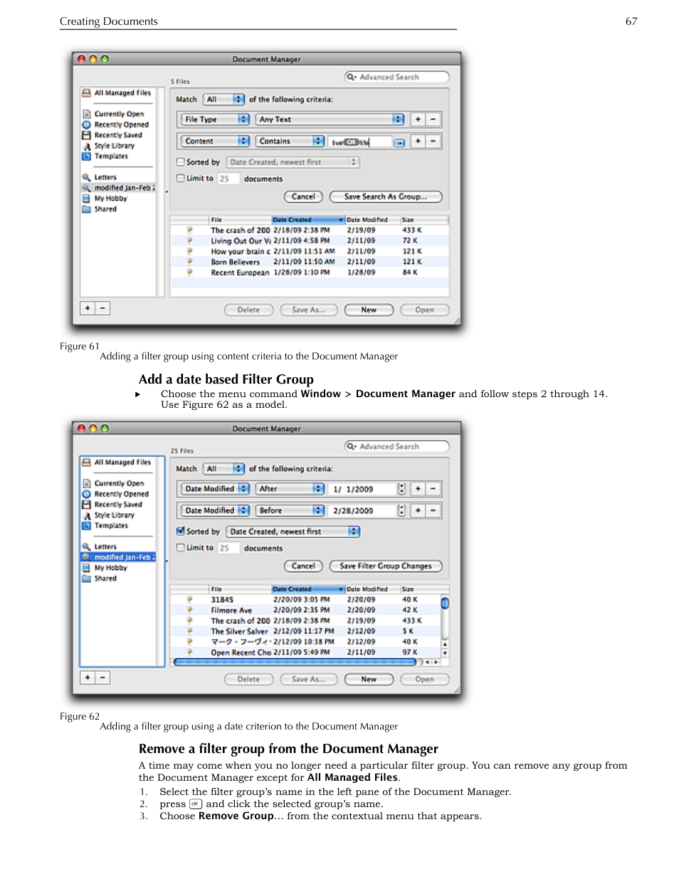Add a date based filter group, Remove a filter group from the document manager, Remove a filter group from the document manager 67 | Figure 61, Ge 67 | Nisus Writer Pro User Manual | Page 87 / 525