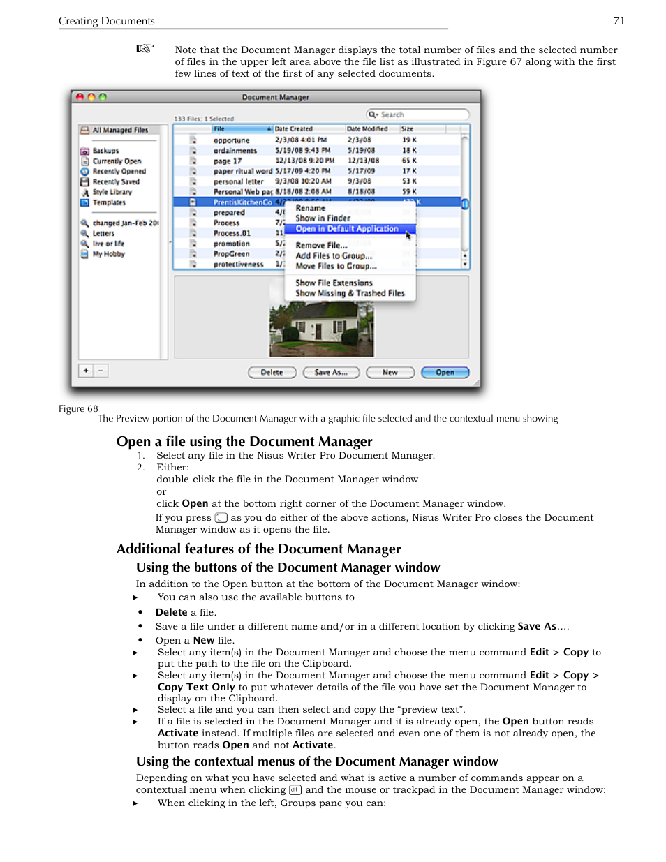 Open a file using the document manager, Additional features of the document manager, Using the buttons of the document manager window | Window | Nisus Writer Pro User Manual | Page 91 / 525