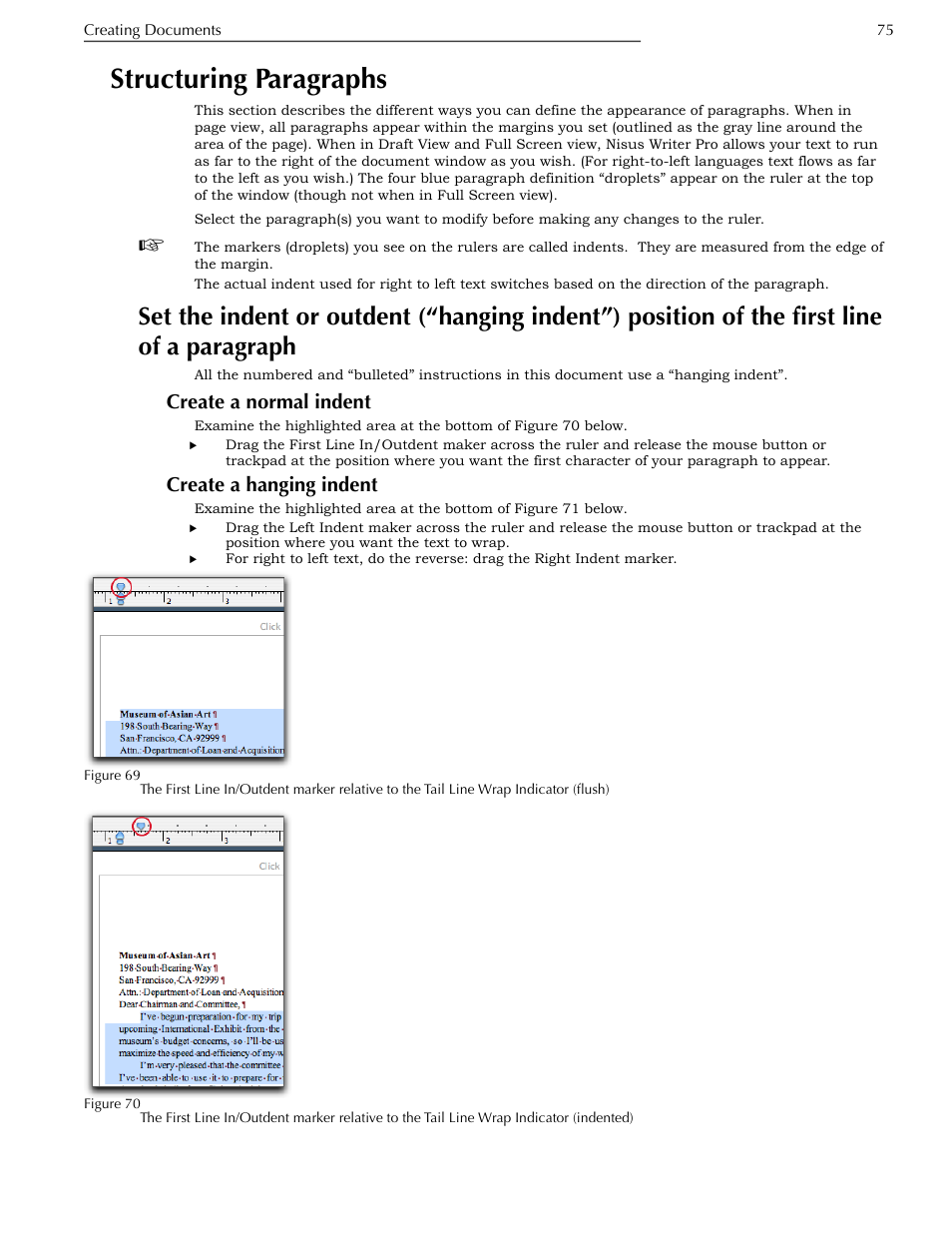Structuring paragraphs, Create a normal indent, Create a hanging indent | Position of the first line of a paragraph, And “structuring paragraphs, Ge 75, Ges 75 | Nisus Writer Pro User Manual | Page 95 / 525