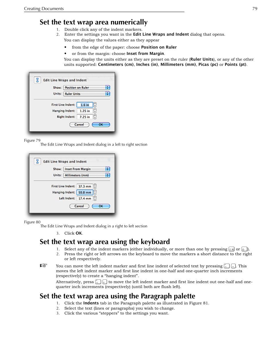 Set the text wrap area numerically, Set the text wrap area using the keyboard, Set the text wrap area using the paragraph palette | Nisus Writer Pro User Manual | Page 99 / 525