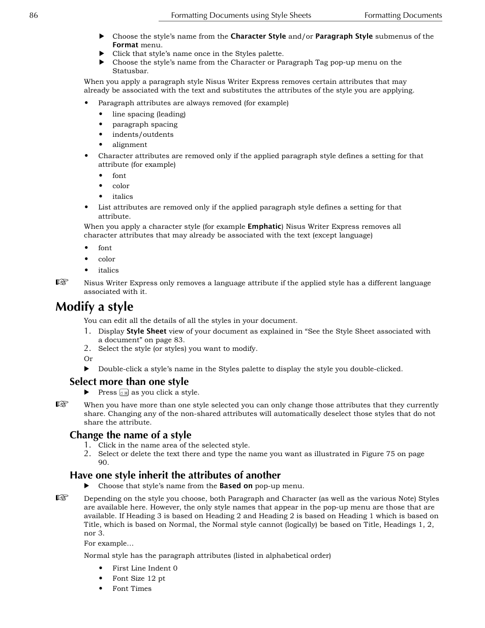 Modify a style, Select more than one style, Change the name of a style | Have one style inherit the attributes of another | Nisus Writer Express User Manual | Page 106 / 316