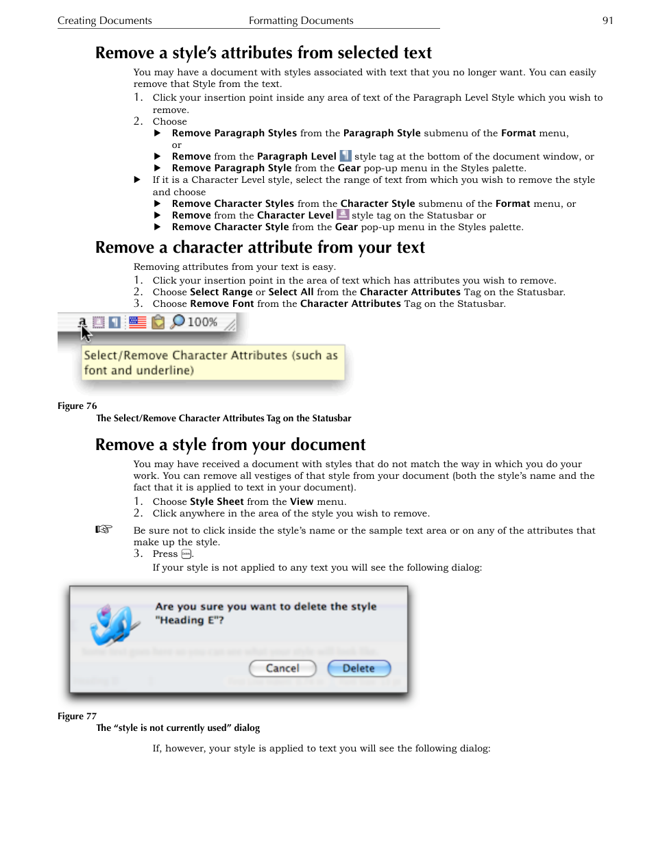 Remove a style’s attributes from selected text, Remove a character attribute from your text, Remove a style from your document | Nisus Writer Express User Manual | Page 111 / 316