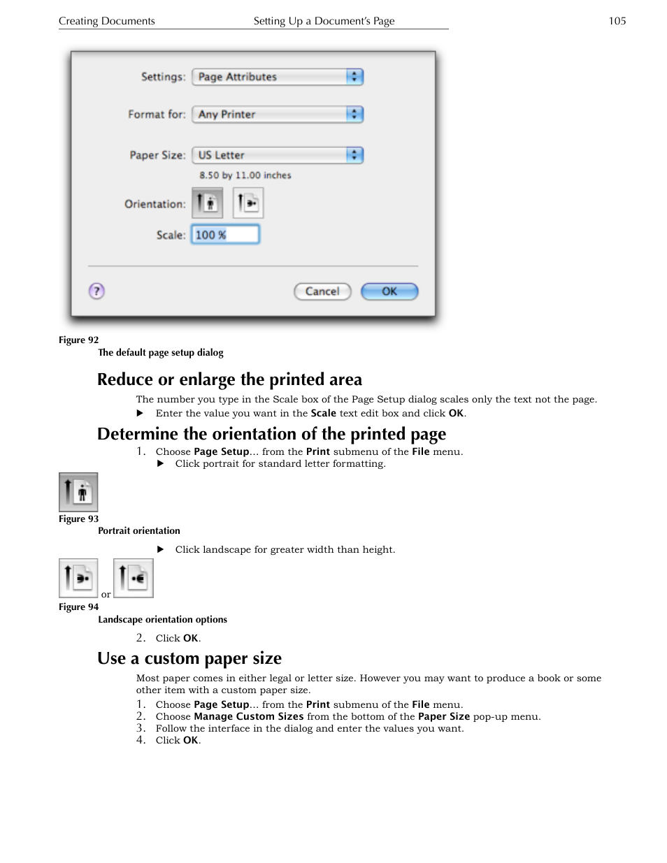 Reduce or enlarge the printed area, Use a custom paper size, Determine the orientation of the printed page | Nisus Writer Express User Manual | Page 125 / 316