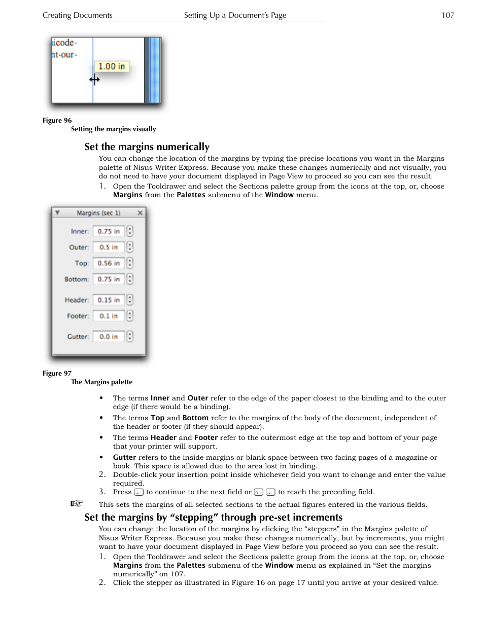 Set the margins numerically | Nisus Writer Express User Manual | Page 127 / 316