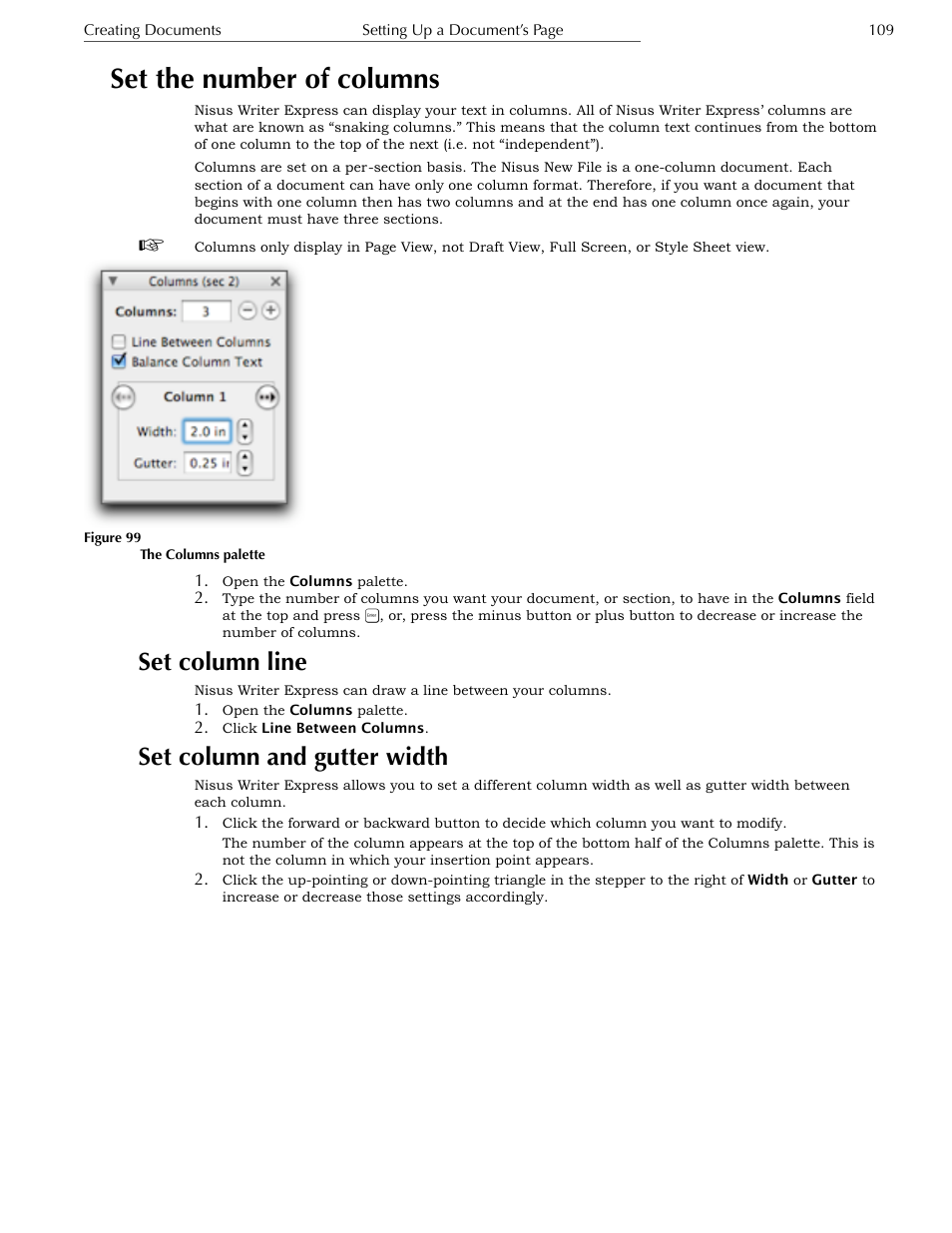 Set the number of columns, Set column line, Set column and gutter width | Nisus Writer Express User Manual | Page 129 / 316