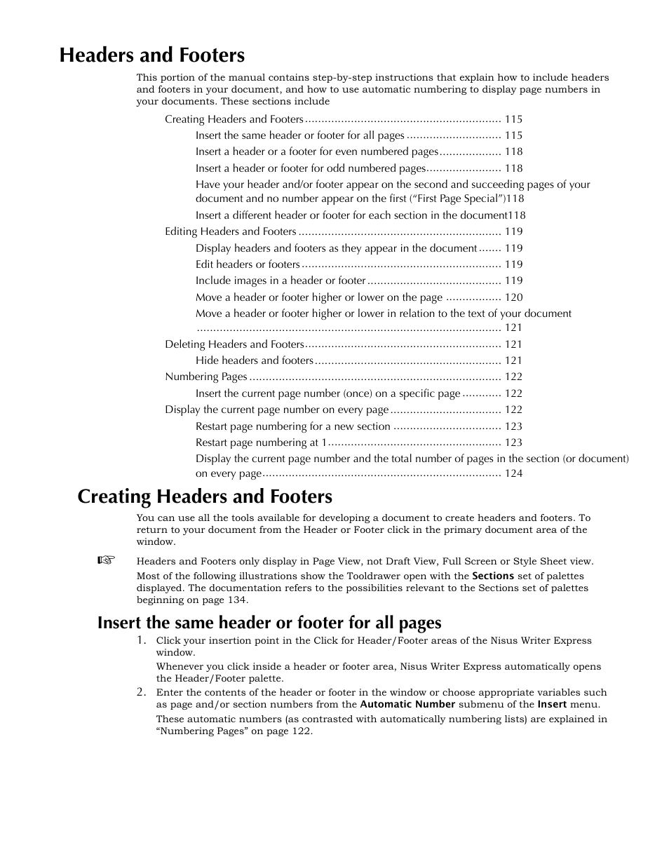 Creating headers and footers, Headers and footers, Insert the same header or footer for all pages | Nisus Writer Express User Manual | Page 135 / 316