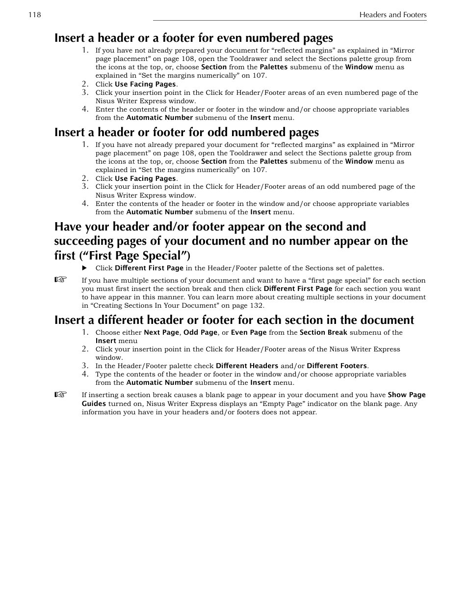 Insert a header or footer for odd numbered pages | Nisus Writer Express User Manual | Page 138 / 316