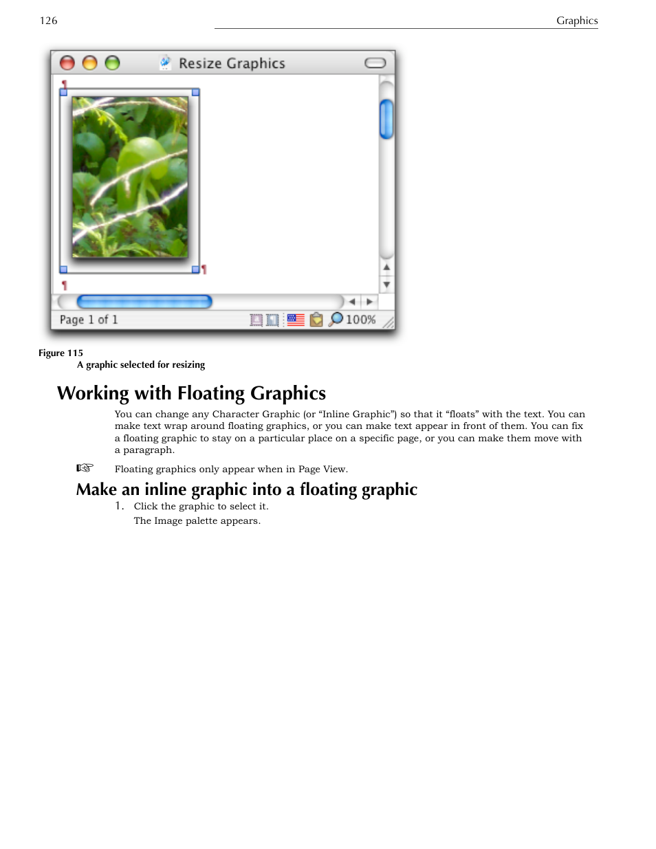 Working with floating graphics, Make an inline graphic into a floating graphic | Nisus Writer Express User Manual | Page 146 / 316