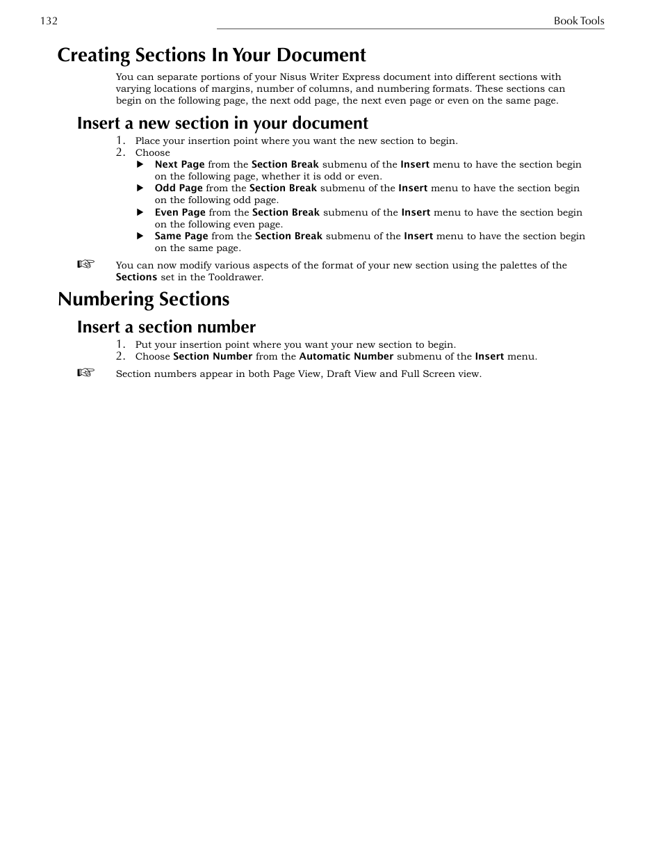 Creating sections in your document, Insert a new section in your document, Numbering sections | Insert a section number | Nisus Writer Express User Manual | Page 152 / 316