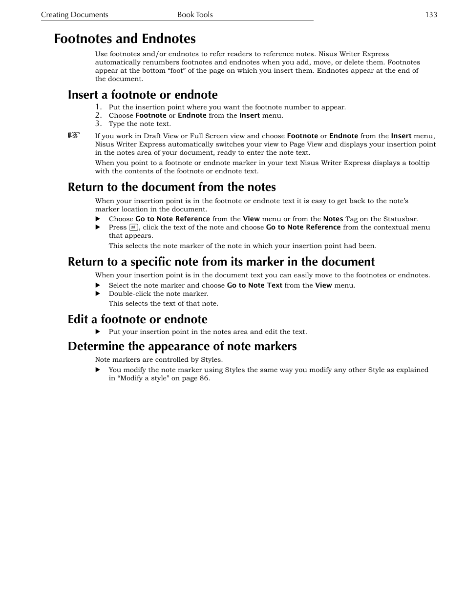 Footnotes and endnotes, Insert a footnote or endnote, Return to the document from the notes | Edit a footnote or endnote, Determine the appearance of note markers | Nisus Writer Express User Manual | Page 153 / 316