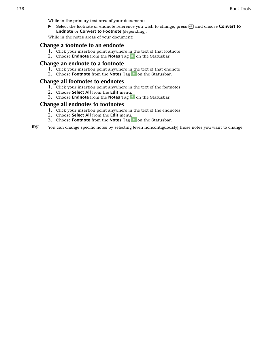Change a footnote to an endnote, Change an endnote to a footnote, Change all footnotes to endnotes | Change all endnotes to footnotes | Nisus Writer Express User Manual | Page 158 / 316