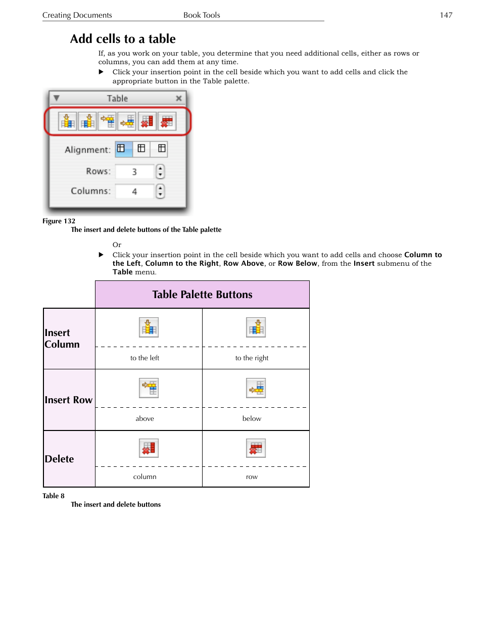 Add cells to a table, Remove cells from a table, Merge cells | Table palette buttons, Insert column insert row delete | Nisus Writer Express User Manual | Page 167 / 316