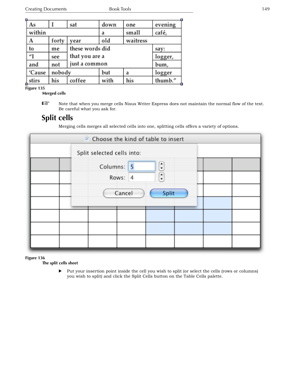 Split cells | Nisus Writer Express User Manual | Page 169 / 316
