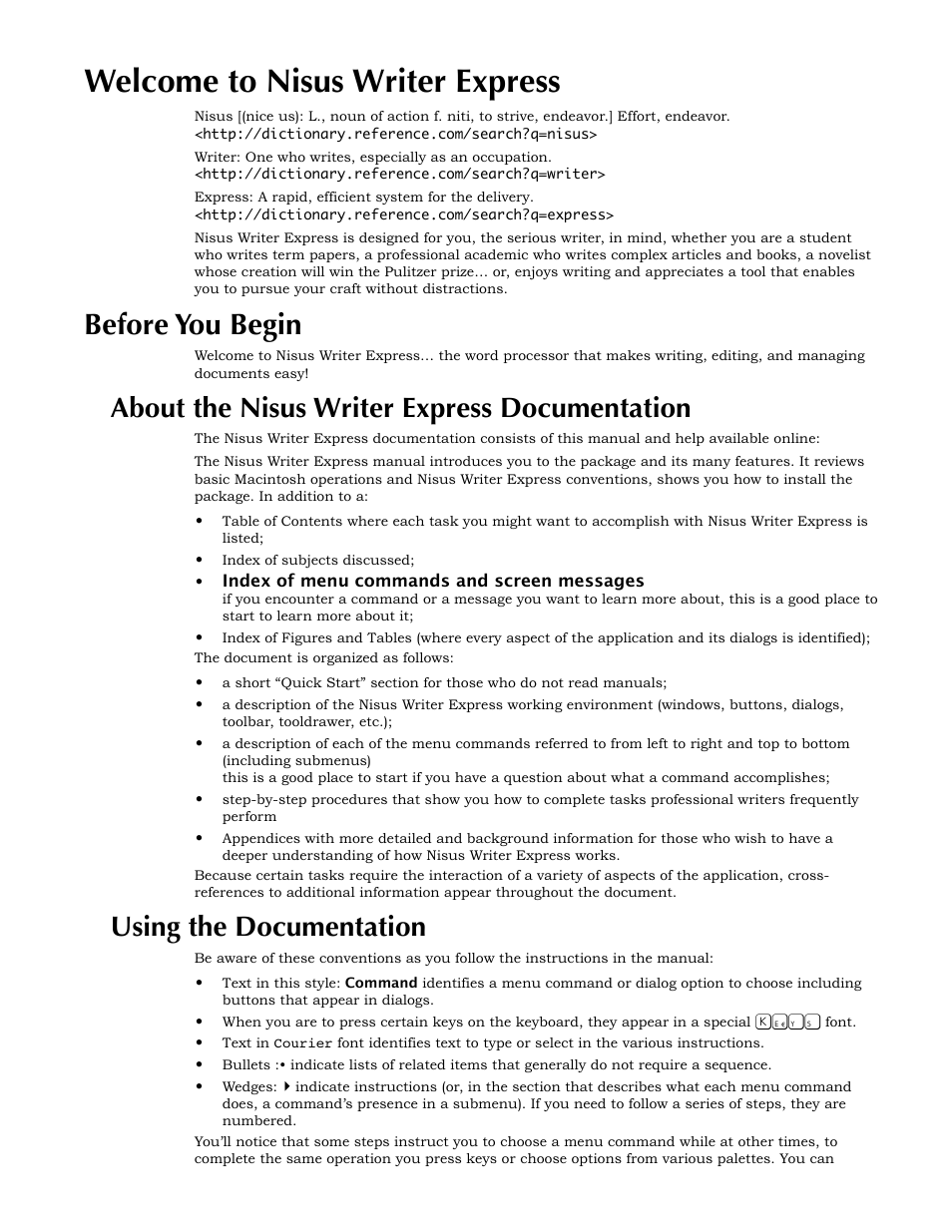 Welcome to nisus writer express, Before you begin, About the nisus writer express documentation | Using the documentation, Getting help | Nisus Writer Express User Manual | Page 17 / 316