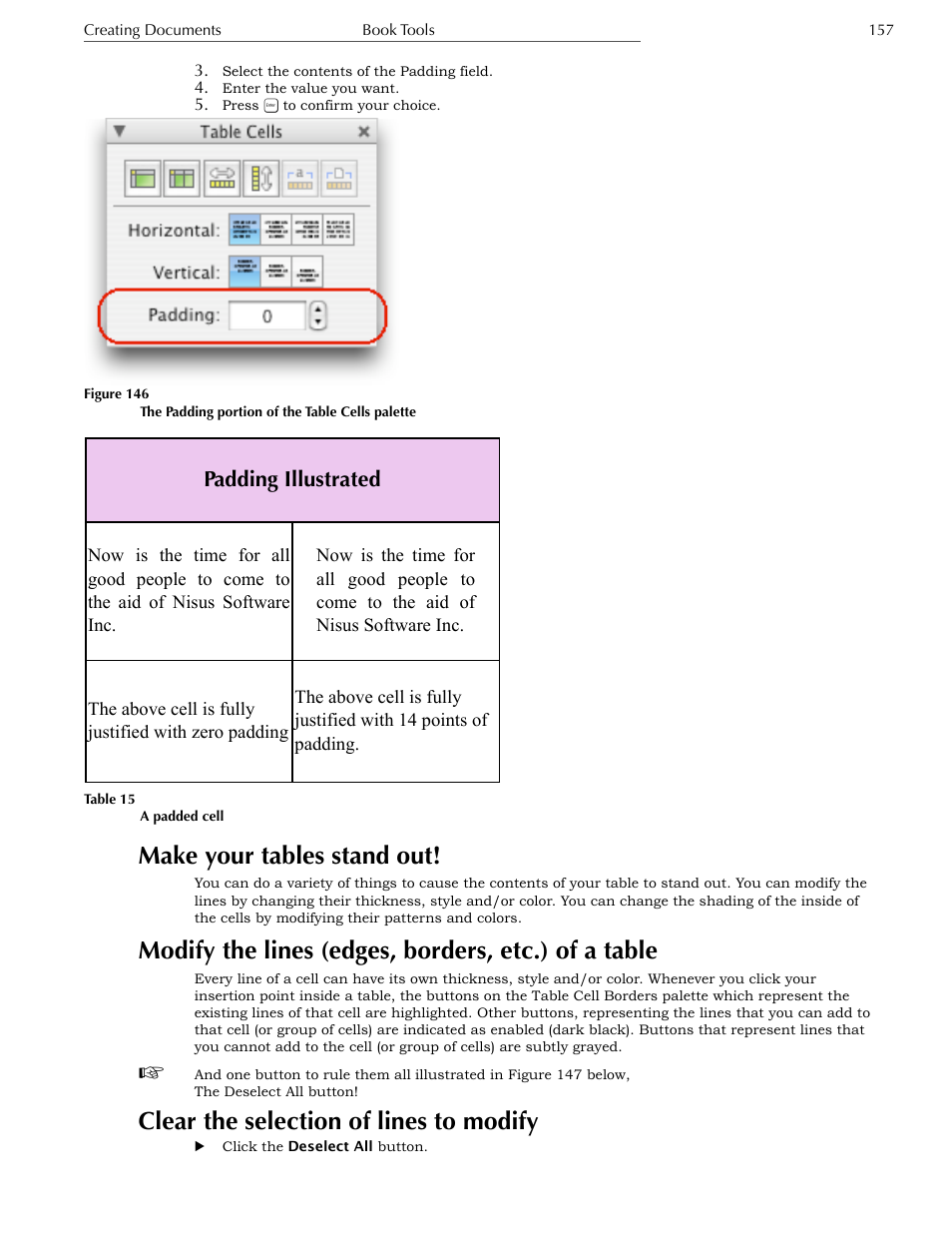 Make your tables stand out, Modify the lines (edges, borders, etc.) of a table, Clear the selection of lines to modify | Padding illustrated | Nisus Writer Express User Manual | Page 177 / 316