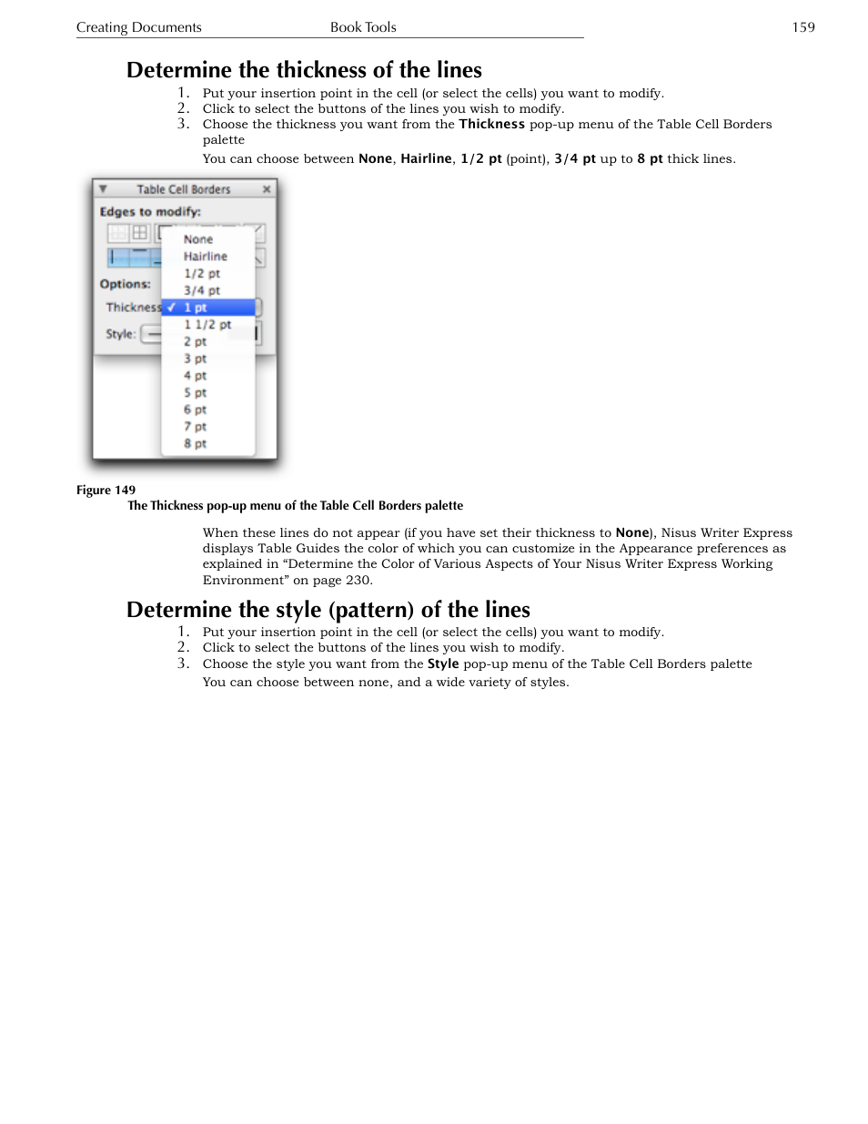 Determine the style (pattern) of the lines, Determine the thickness of the lines | Nisus Writer Express User Manual | Page 179 / 316