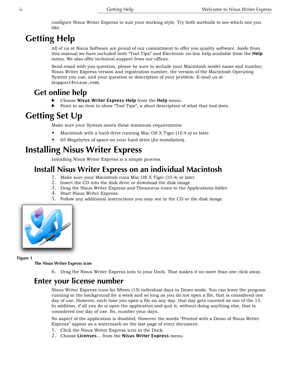 Get online help, Getting set up, Installing nisus writer express | Enter your license number, Getting help | Nisus Writer Express User Manual | Page 18 / 316