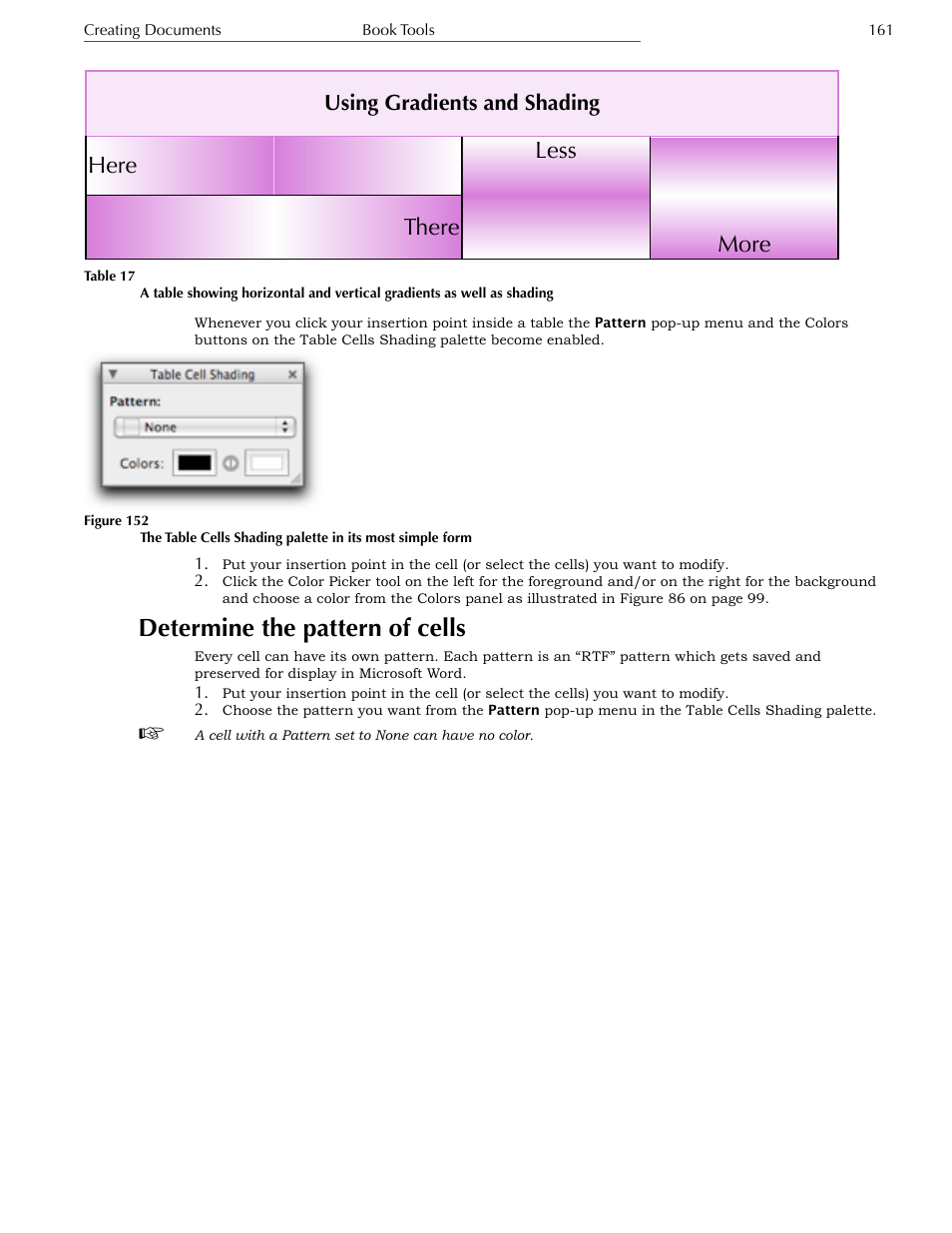 Set the shading (color) of cells, Determine the pattern of cells, Here there less more | Using gradients and shading | Nisus Writer Express User Manual | Page 181 / 316