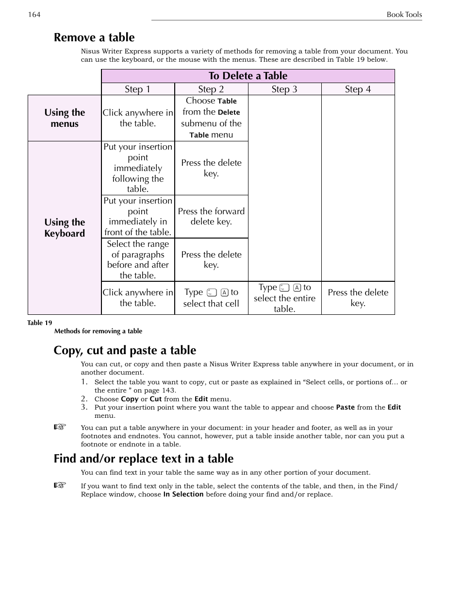 Copy, cut and paste a table, Find and/or replace text in a table, Remove a table | Nisus Writer Express User Manual | Page 184 / 316