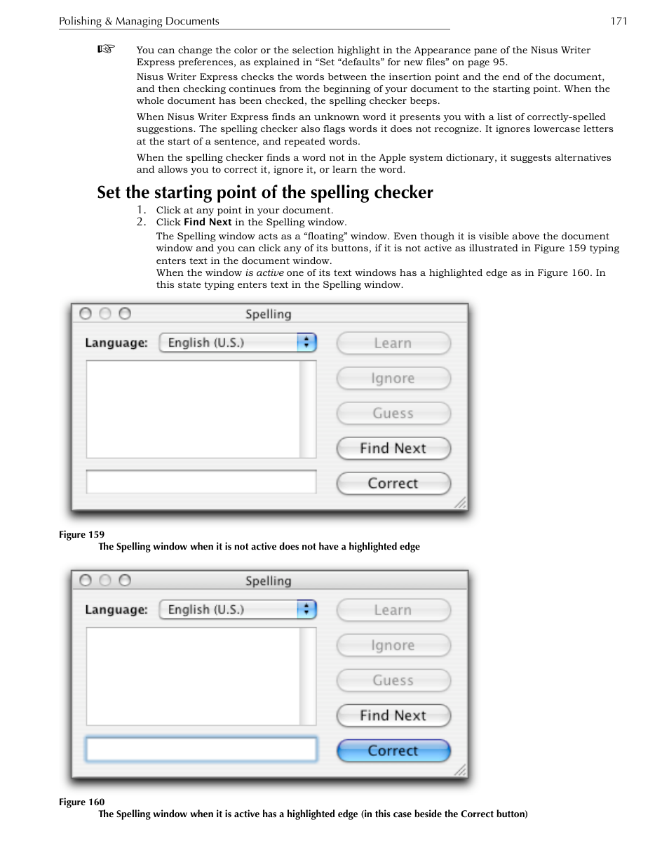 Set the starting point of the spelling checker | Nisus Writer Express User Manual | Page 191 / 316