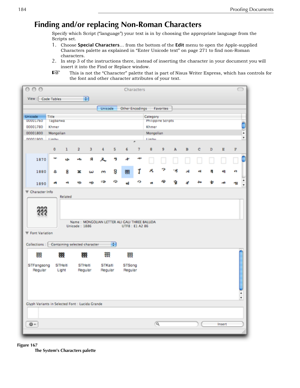 Finding and/or replacing non-roman characters | Nisus Writer Express User Manual | Page 204 / 316