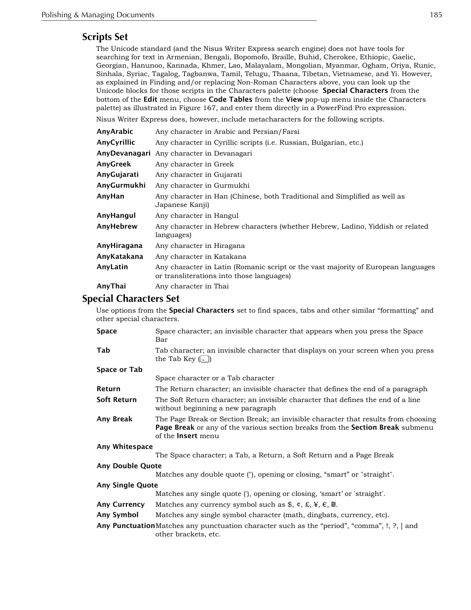 Scripts set, Special characters set | Nisus Writer Express User Manual | Page 205 / 316