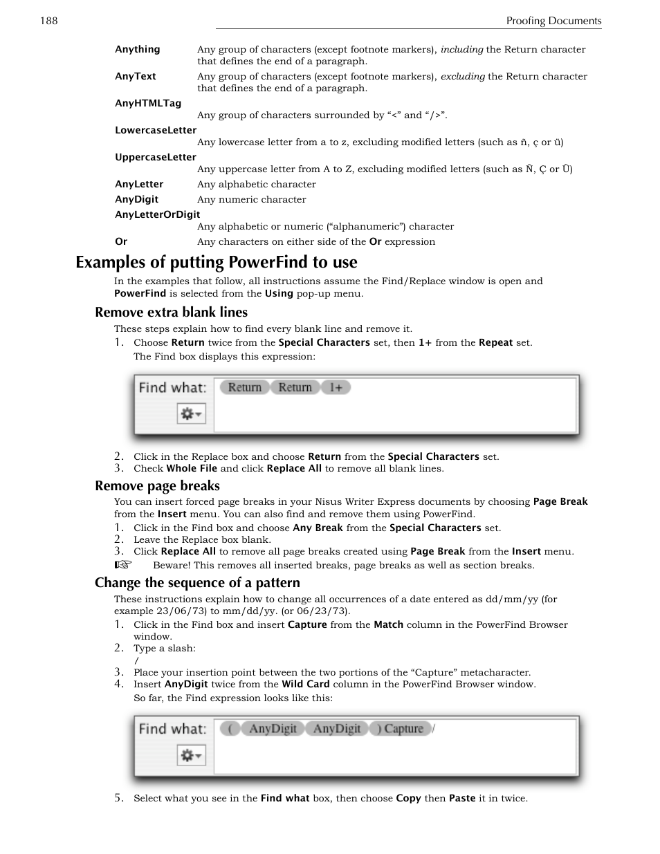 Examples of putting powerfind to use, Remove extra blank lines, Change the sequence of a pattern | Remove page breaks | Nisus Writer Express User Manual | Page 208 / 316