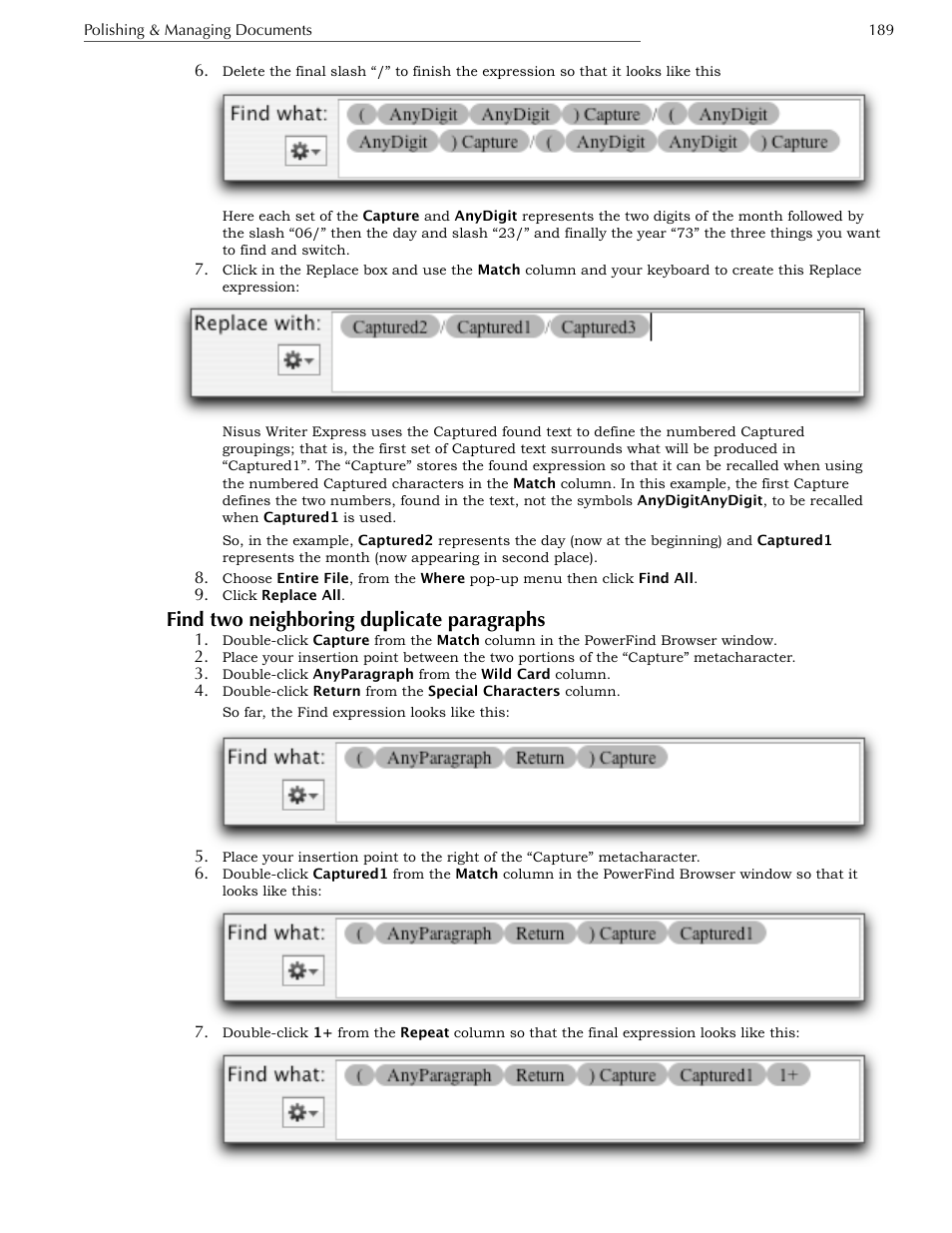 Find two neighboring duplicate paragraphs | Nisus Writer Express User Manual | Page 209 / 316
