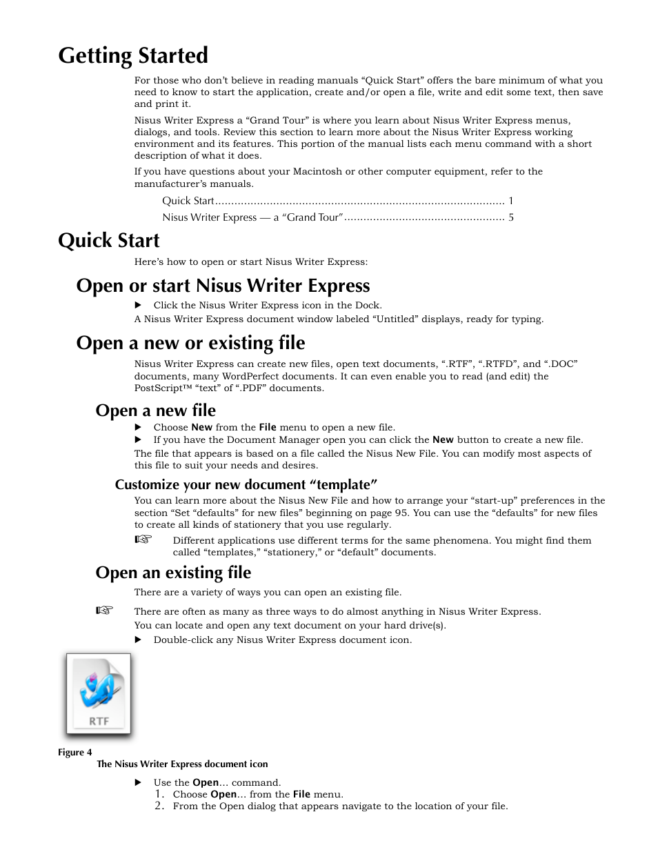 Getting started, Quick start, Open or start nisus writer express | Open a new or existing file, Open a new file, Customize your new document “template, Open an existing file | Nisus Writer Express User Manual | Page 21 / 316