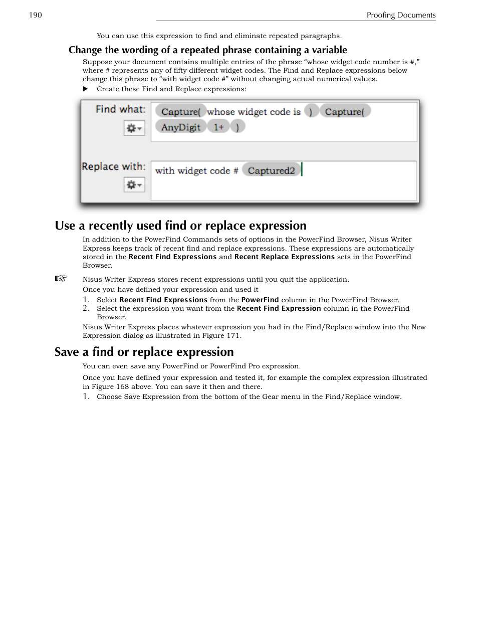 Use a recently used find or replace expression, Save a find or replace expression | Nisus Writer Express User Manual | Page 210 / 316