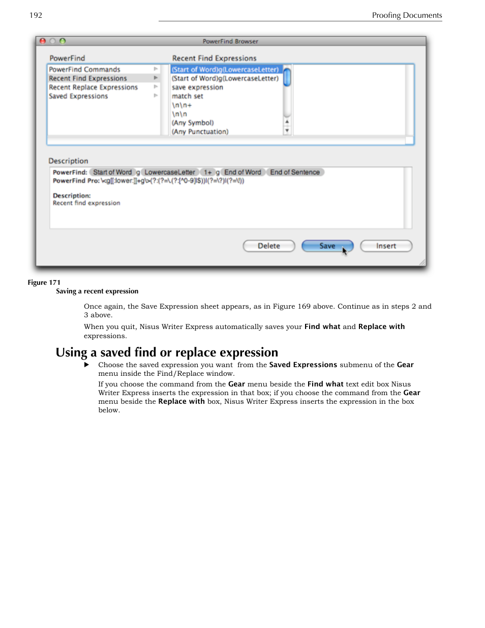 Using a saved find or replace expression | Nisus Writer Express User Manual | Page 212 / 316
