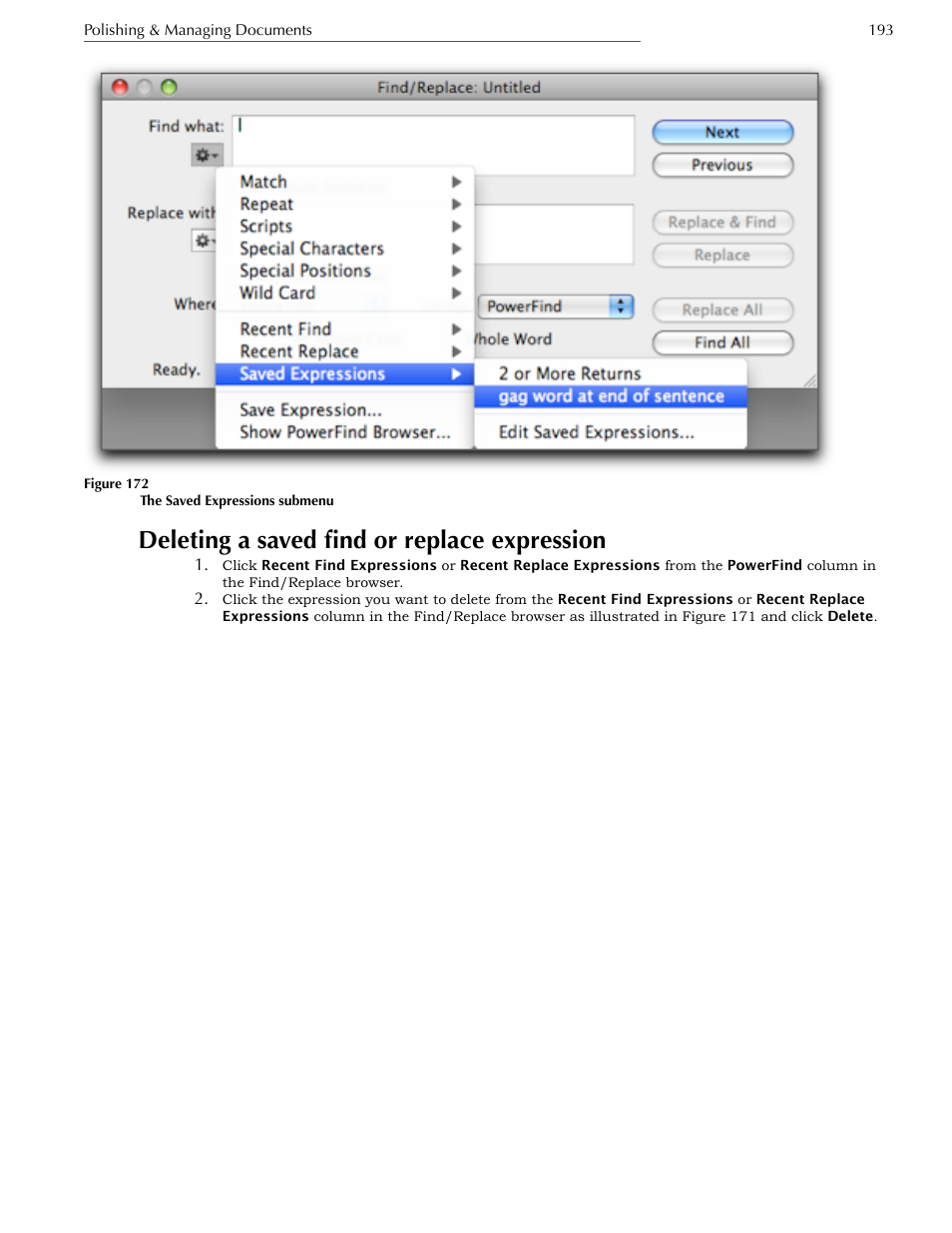 Deleting a saved find or replace expression, Using powerfind pro | Nisus Writer Express User Manual | Page 213 / 316