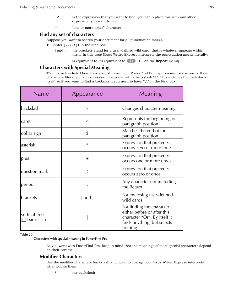 Find any set of characters, Characters with special meaning, Name | Appearance, Meaning | Nisus Writer Express User Manual | Page 215 / 316