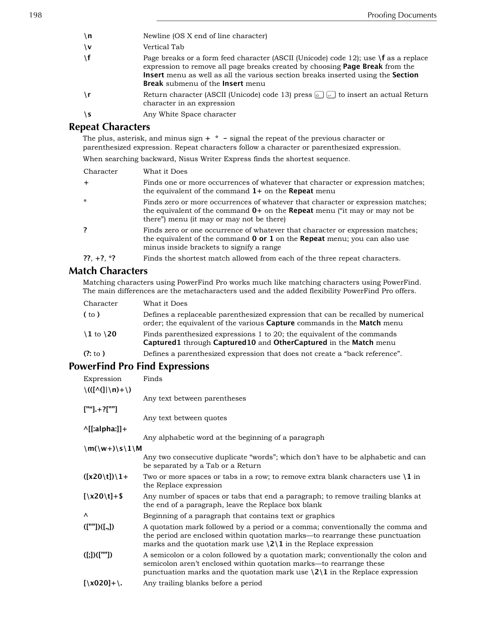 Repeat characters, Match characters, Powerfind pro find expressions | Nisus Writer Express User Manual | Page 218 / 316